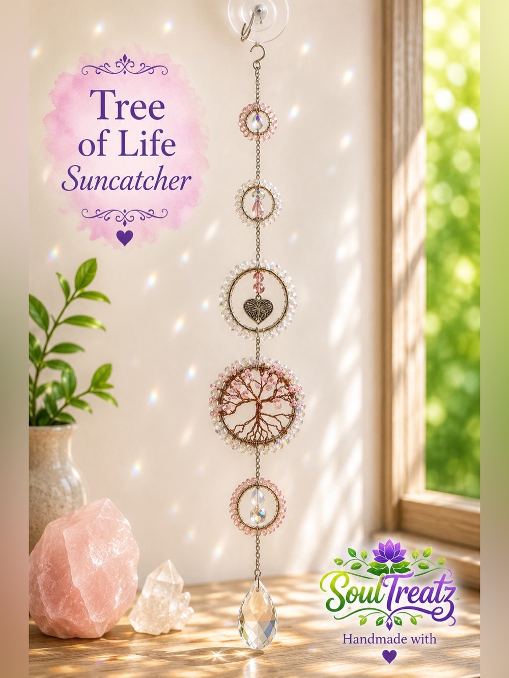 Pink Tree of Life Suncatcher Hanging Crystal Decor